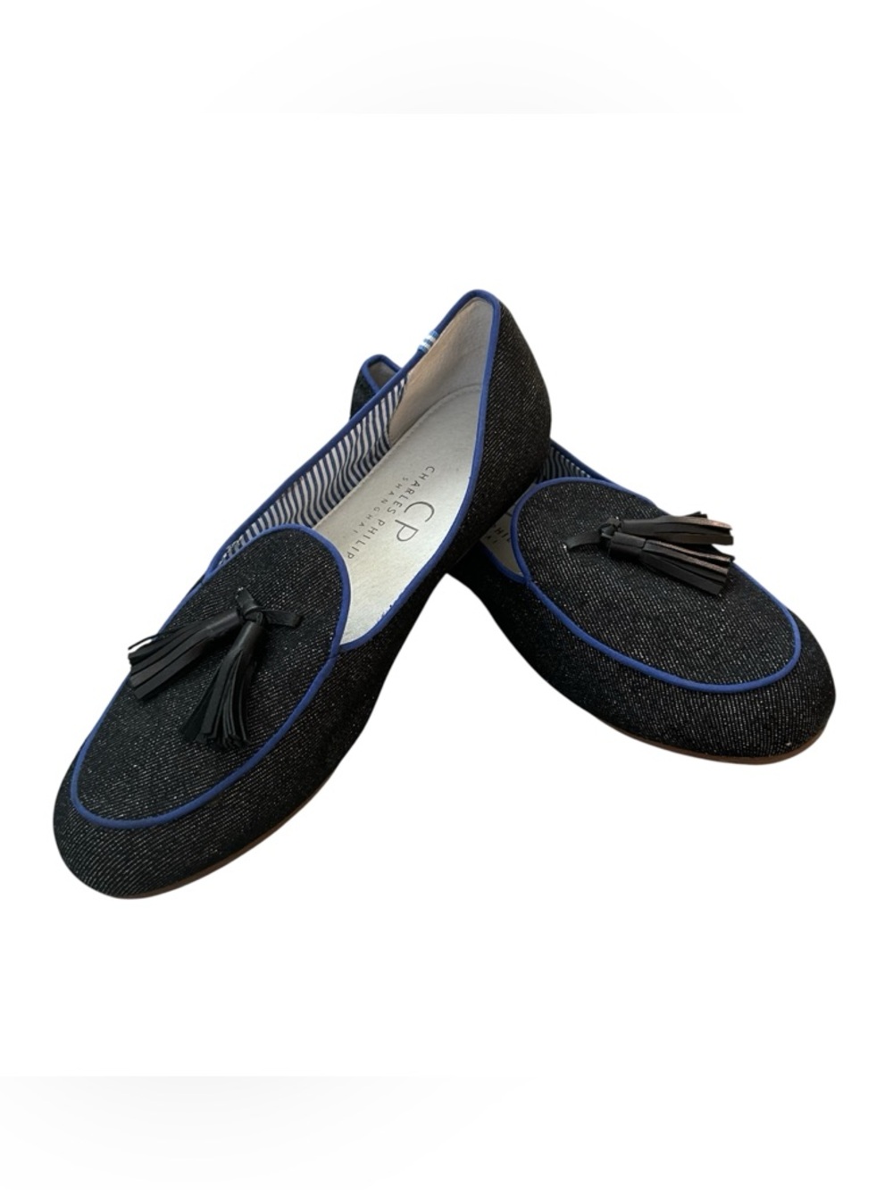 Charles Philip Shanghai Black Denim Loafers with Blue Piping Shoes Flats Sz 9.5